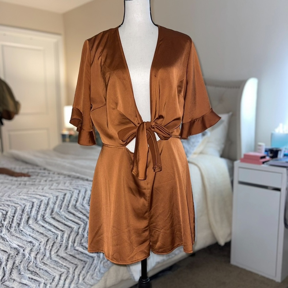 Brown Front Tie Satin Short Romper